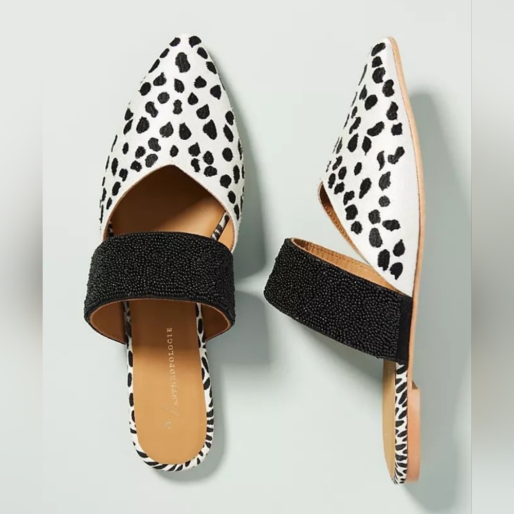 Anthropologie Black & White Dalmatian Print Beaded Strap Flats